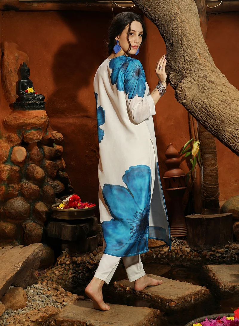 Qissa  Women's Royal Blue Primrose Flora Kurta With Trousers For Casual Wear | Round Neck | Quarter Sleeves | 2 Piece Kurta Set Designed With Comfort Fit For Everyday Ethnic Wear for Women | Best Price UAE
